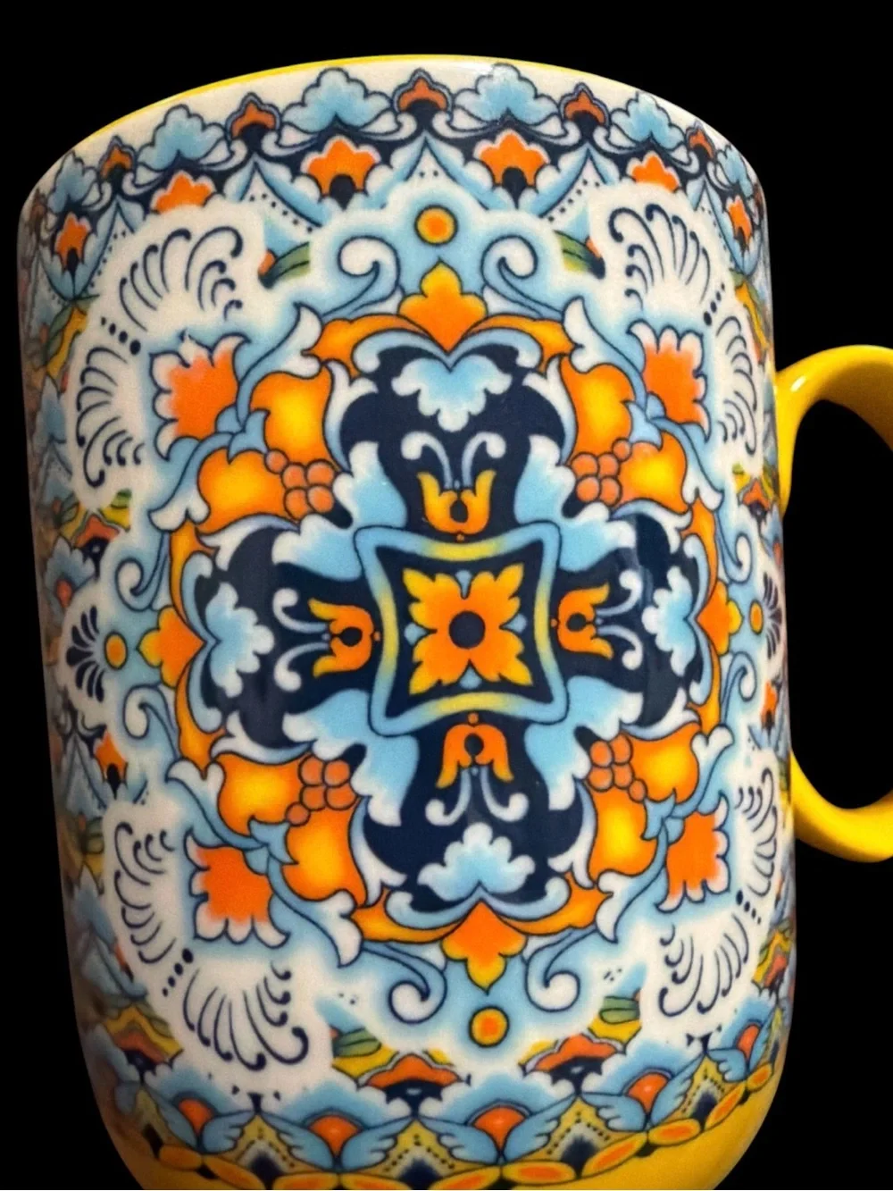 HENXFEN LEAD Boho Ceramic Coffee Mug – Yellow with Blue & Orange Mandala Pattern